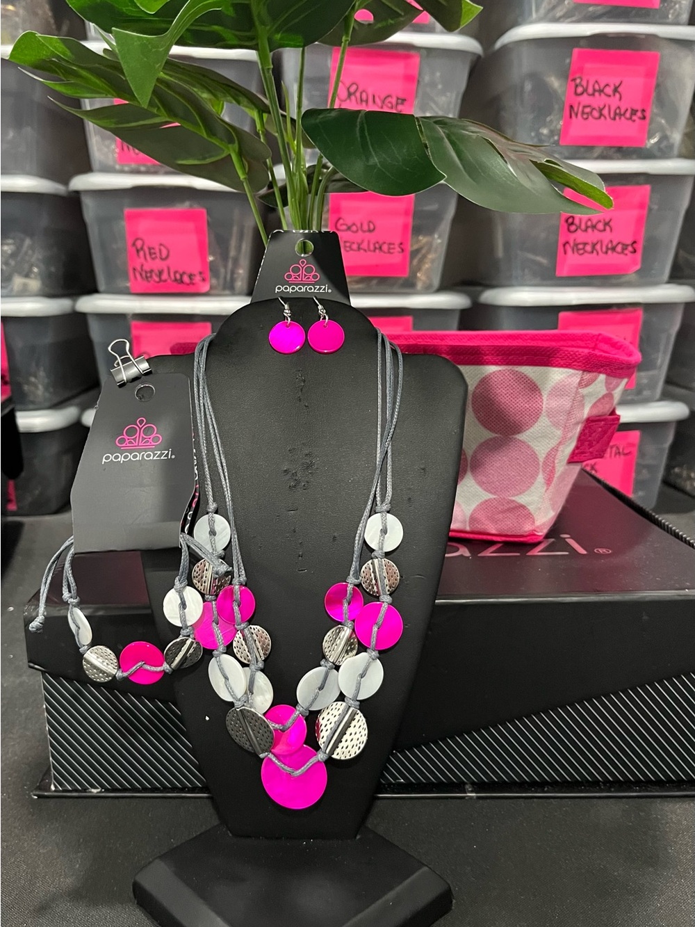 paparazzi Hot Pink and Silver Multi-Disc Layered Necklace Set